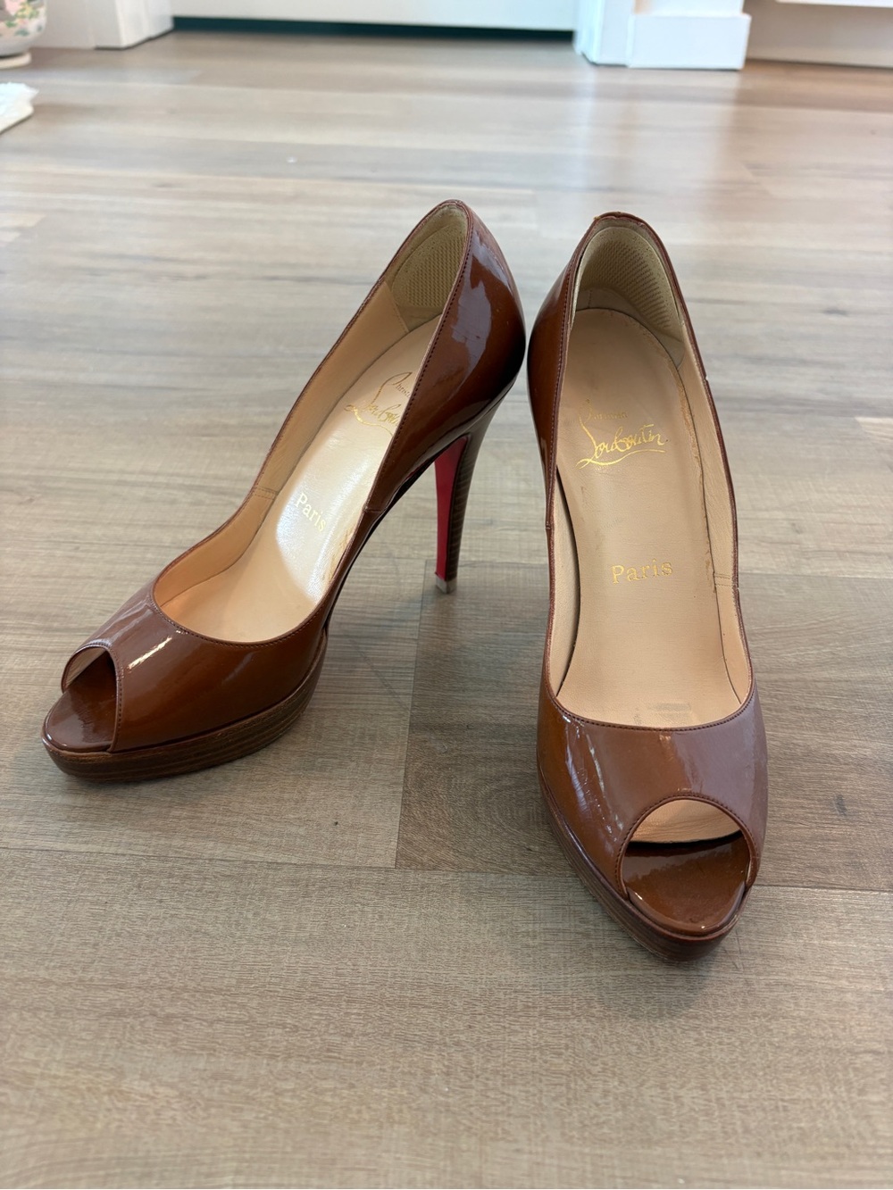Christian Louboutin Brown Patent Peep-Toe Platform Pumps with Red Sole 7.5
